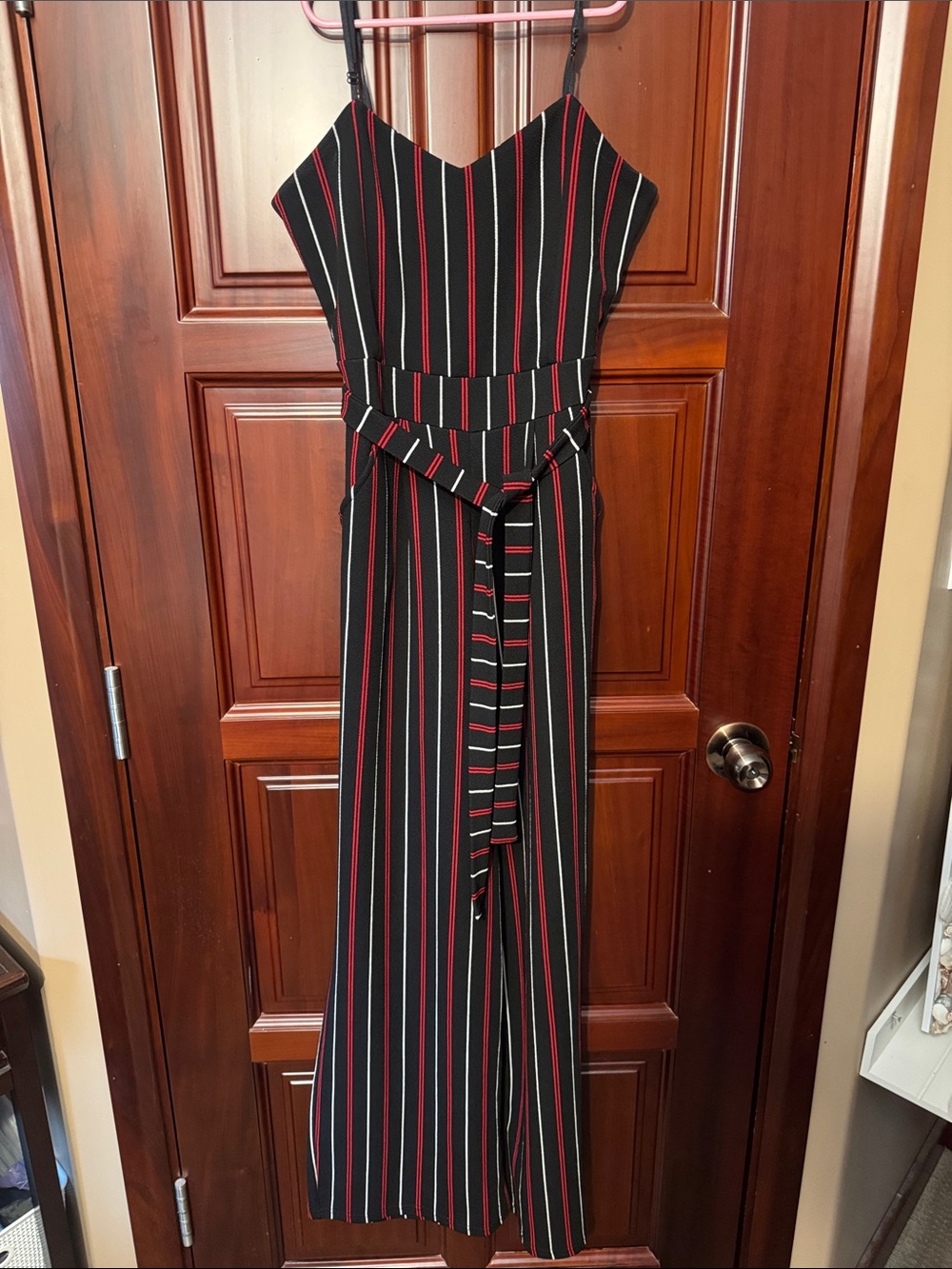 Eclipse Black Striped Wide-Leg Jumpsuit with Red & White Pinstripes